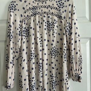Free People Cream Blouse with Blue Floral Pattern